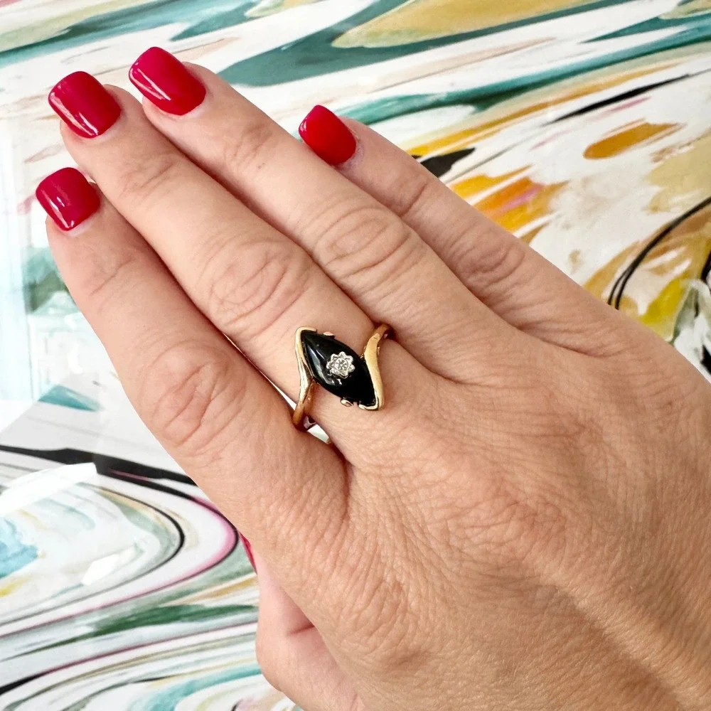 Vintage Art Deco Style Black Marquise Cubic Zirconia Ring Size 8 Statement Gold
